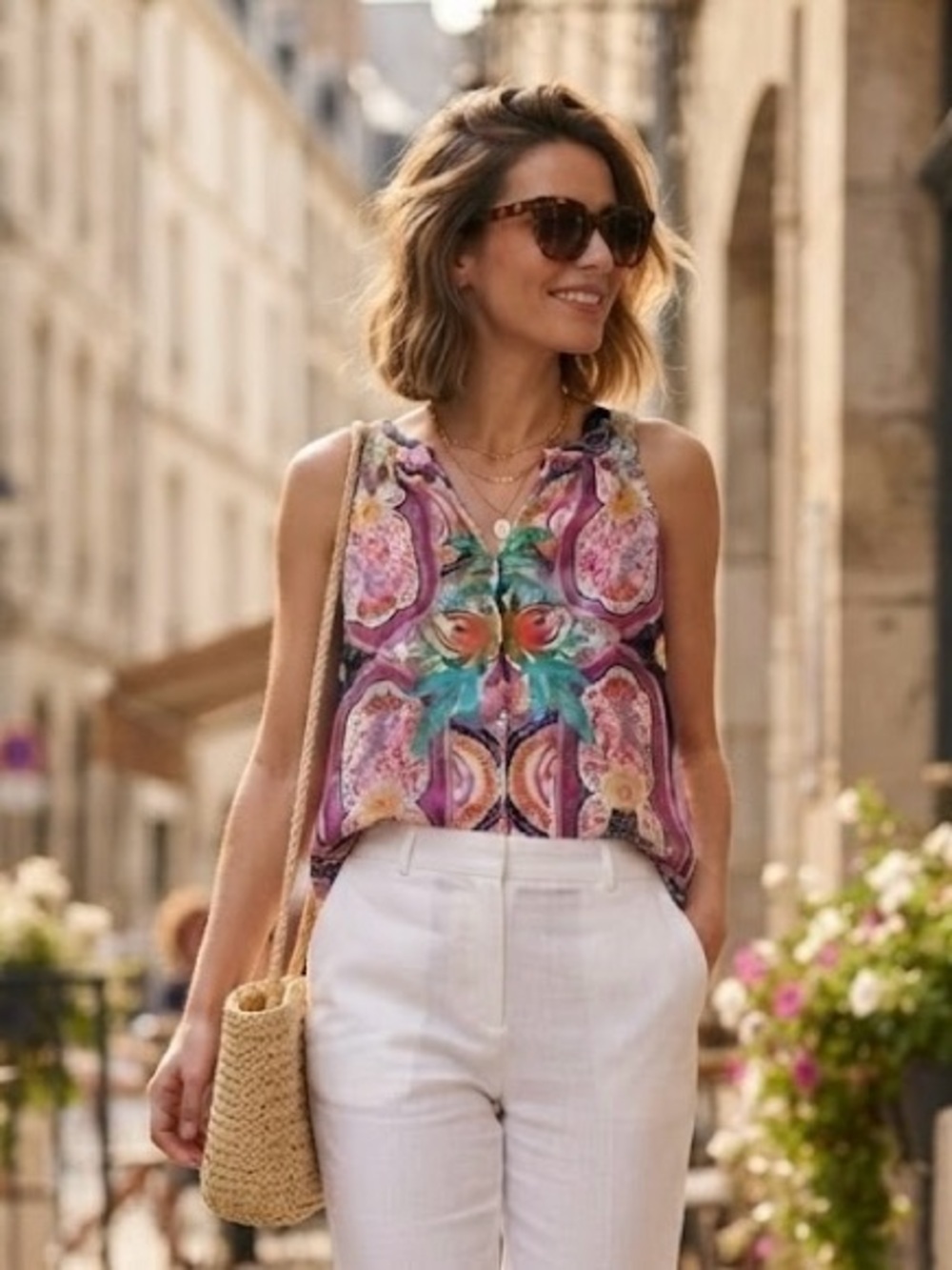 Rose + Olive Vibrant Paisley Print Sleeveless Blouse Boho Chic Bright Bold